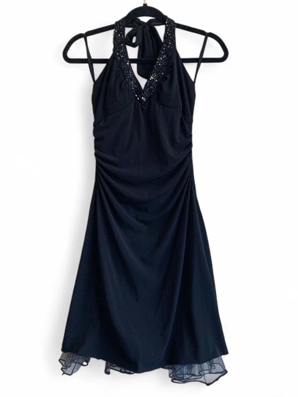 Black Halter V-Neck Ruby Rox Dress with Beaded Trim size Medium